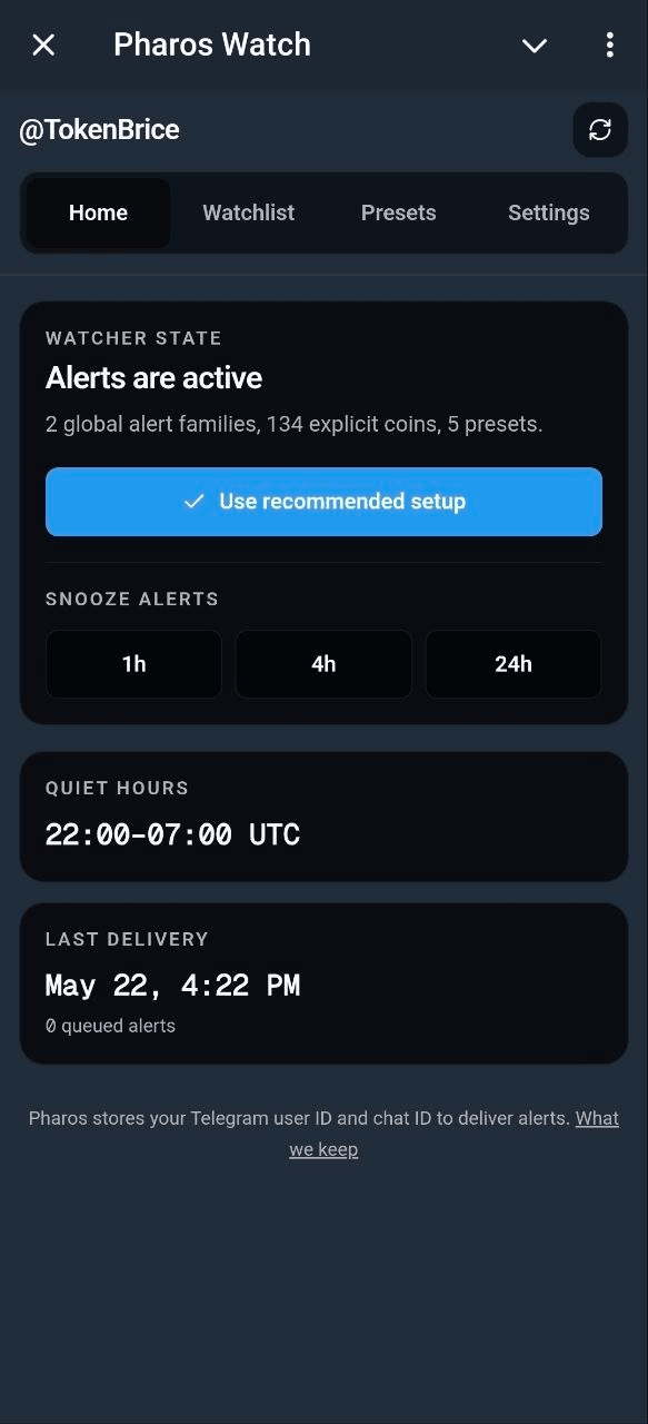PharosWatchBot Mini App home screen with watcher state, snooze controls, quiet hours, and last delivery