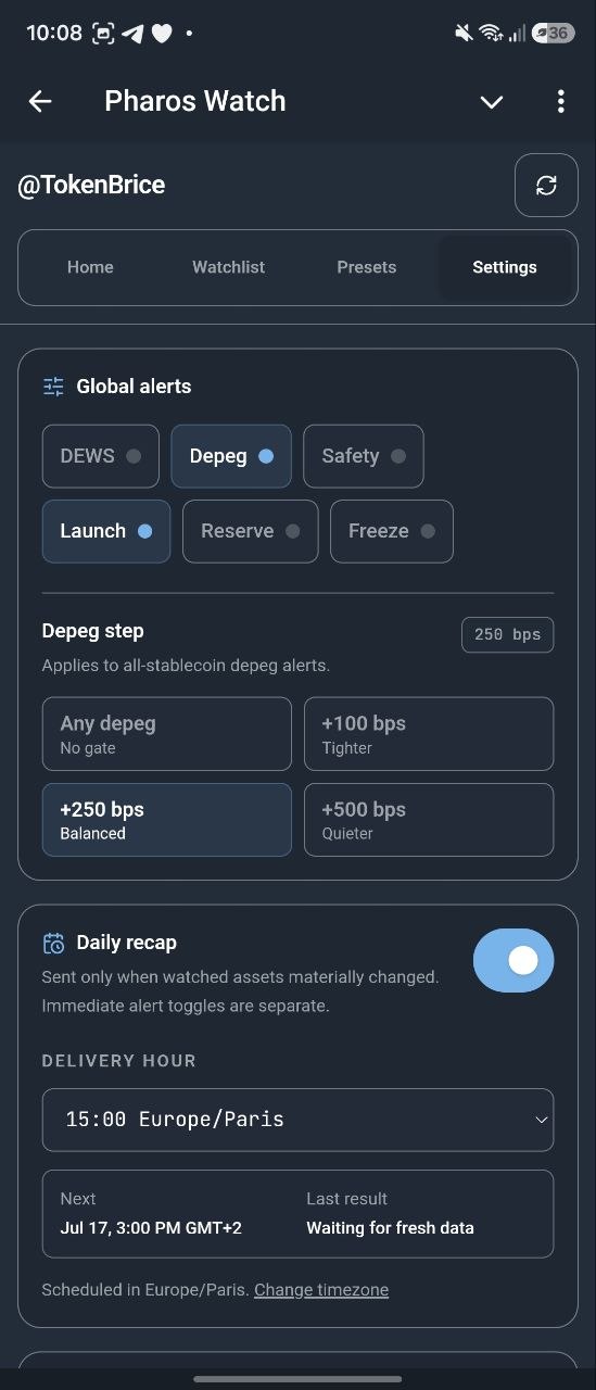 PharosWatchBot Mini App settings screen with global alerts, depeg step, and quiet hours