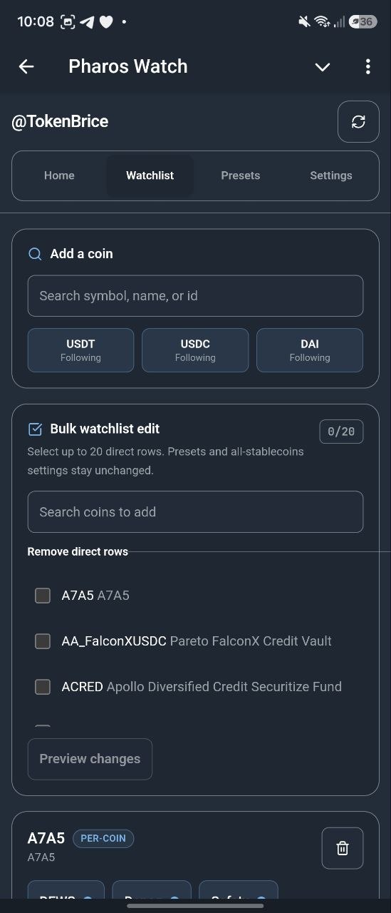 PharosWatchBot Mini App watchlist screen with per-coin alert toggles